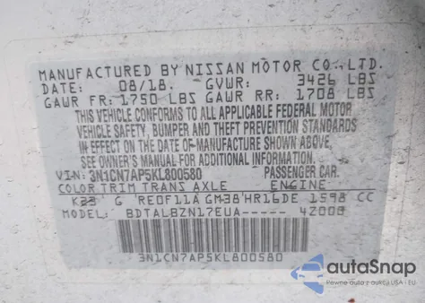 2019 Nissan Versa 1.6 Sv z USA, uszkodzony, nr VIN 3N1CN7AP5KL800580